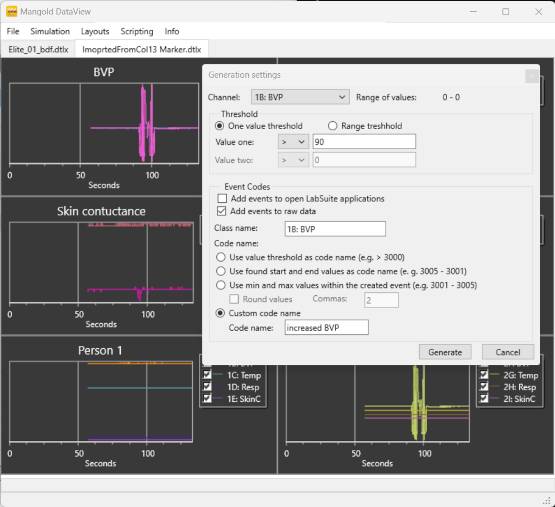 DataView Dialog für die Definitions von Schwellwerte auf Basis dessen Ereignisse erzeugt werden sollen