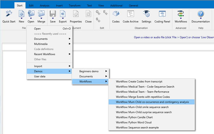 INTERACT Files - Open menu showing demo workflows