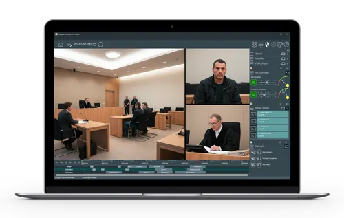 Mangold VideoSyncPro software displaying multi-camera courtroom recording on a laptop