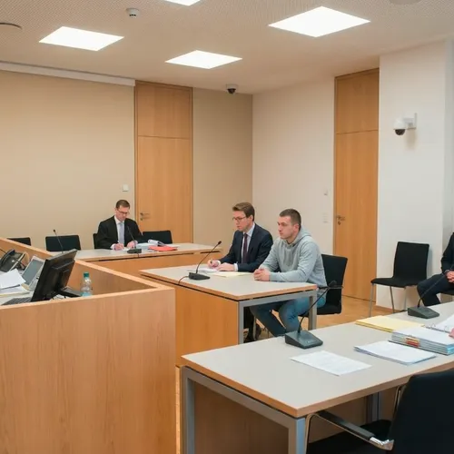 Courtroom with judge, attorneys, and defendant during a hearing