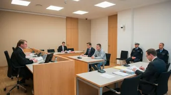 Courtroom with judge, attorneys, and defendant during a hearing