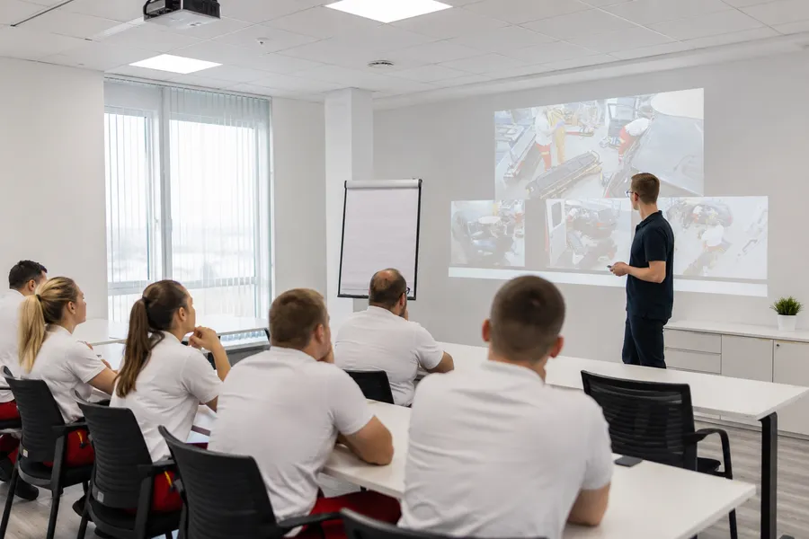 EMS team in a video debriefing session reviewing a simulation training scenario