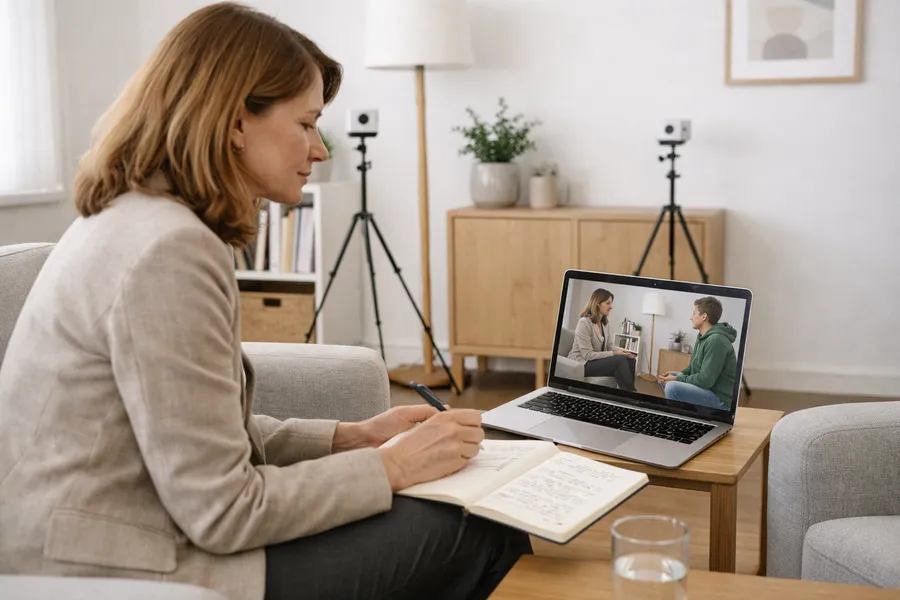 Expert reviewing therapy session video recording for clinical supervision