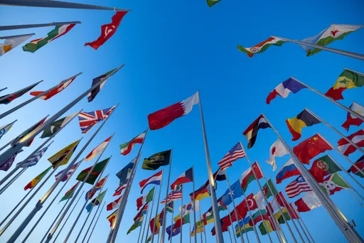 Flags viewed from a low-angle perspective
