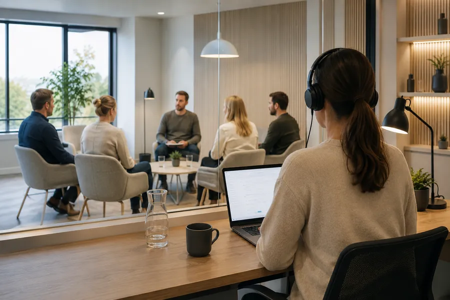 Classic focus group setup with one-way mirror and live observation