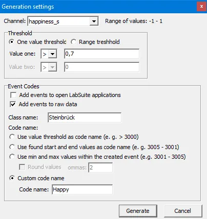 Additional generation settings window for configuring threshold-based searches