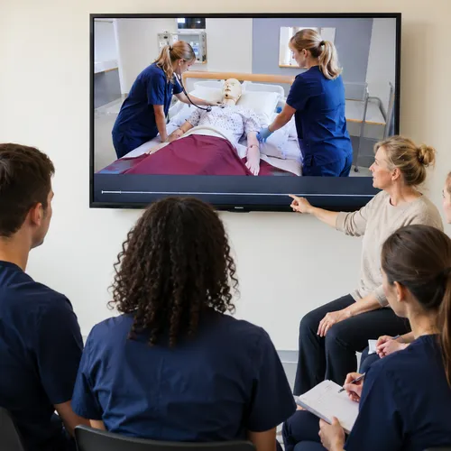 Video debriefing in a nursing class: the preceptor discusses marked key moments of the simulation.