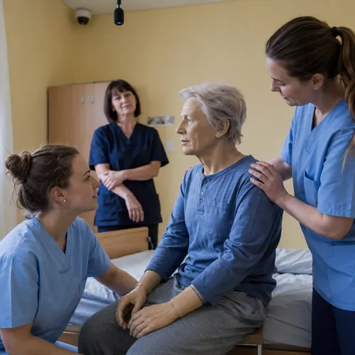 Nursing trainees mobilize a simulation manikin in the skills lab while the preceptor observes.