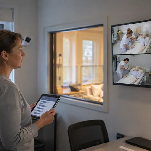 Preceptor observes the nursing simulation from the adjacent room, four camera views on the monitor.