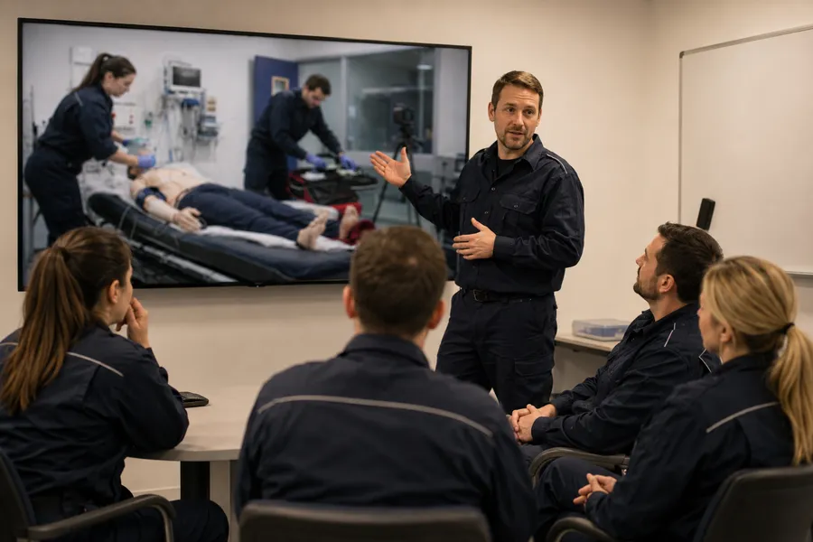 Structured video debriefing session in EMS simulation training