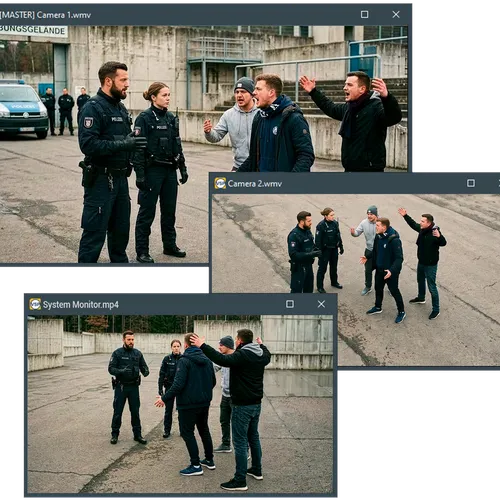 Mangold VideoSyncPro showing synchronized multi-camera views of a police training scenario